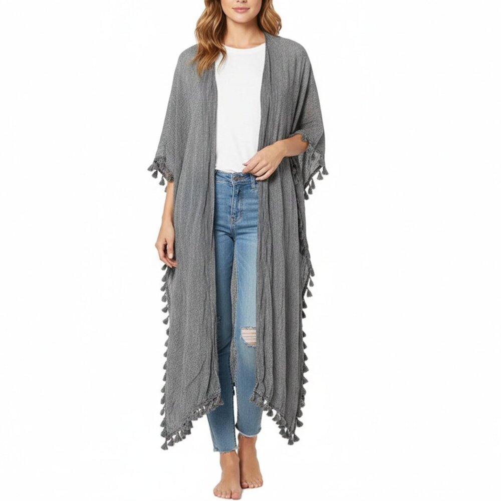 Cute Options Grey Long Boho Duster Wrap Shawl 100% Cotton Tassels Muumuu